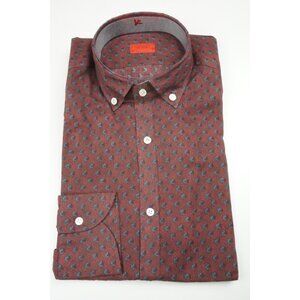 Isaia Red Blue Dainty All Over Floral  Long Sleeve Cotton Shirt 15.5/39 NEW